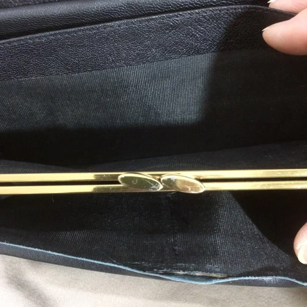 Vintage 90s St Dennis Black Leather Continental Checkbook Wallet Clasp Coin